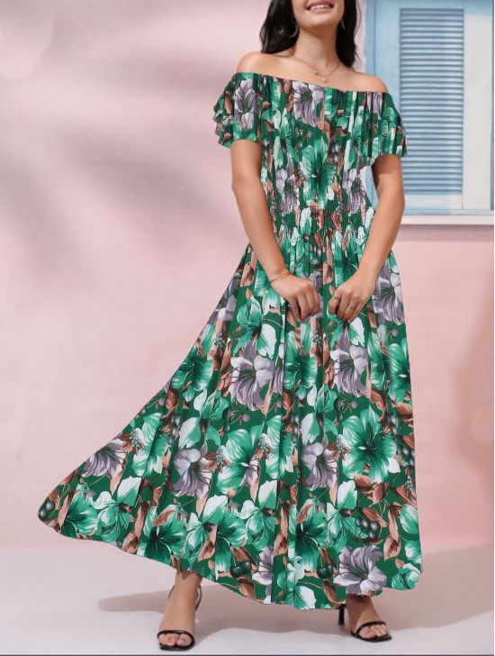 Off-The-Shoulder Floral Print Midi Dress